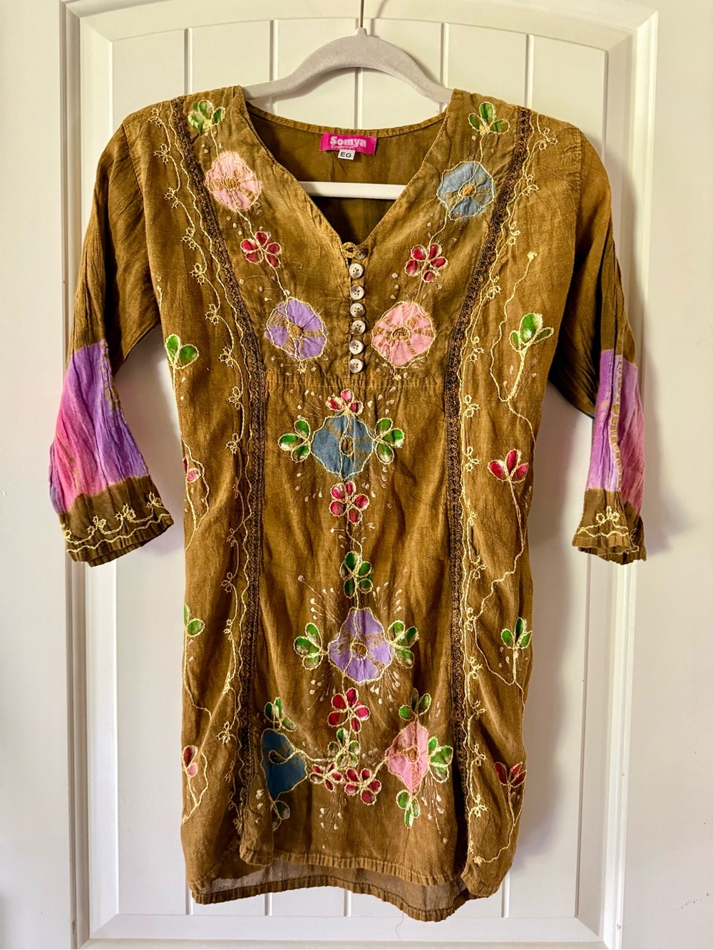 Vintage Somya Brown Embroidered Floral Tunic with Colorful Accents Y2K - Picture 10 of 12